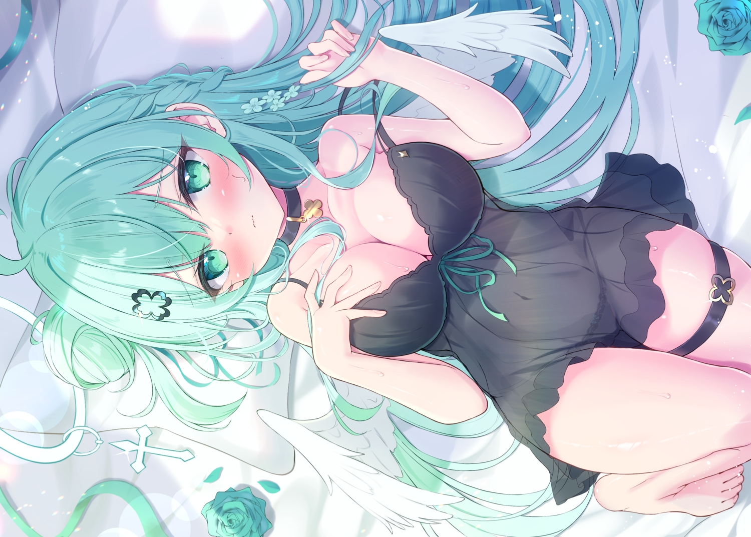 angel, barefoot, blush, bow, braids, breast_hold, breasts, choker