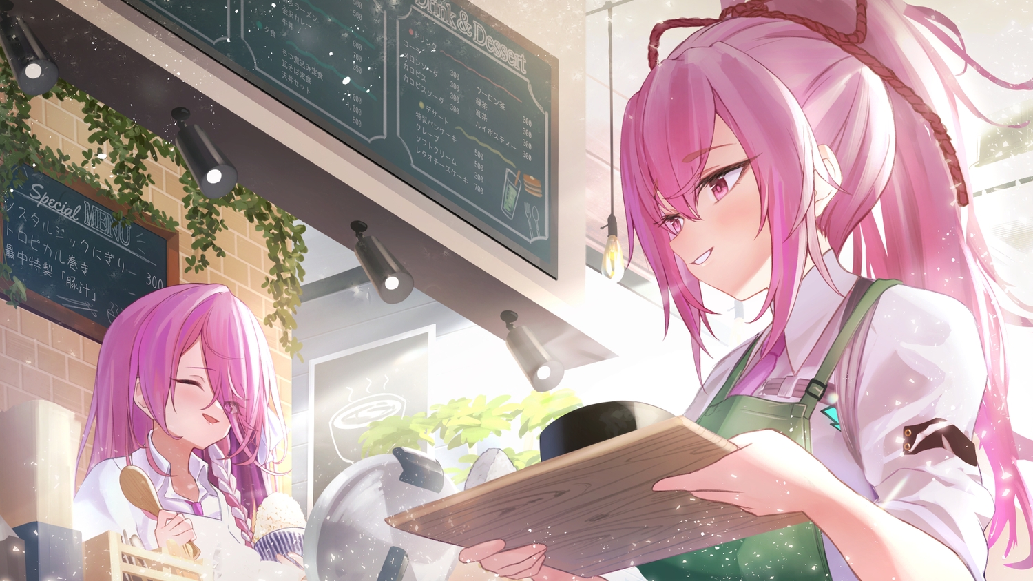 2girls, apron, braids, food, heaven_burns_red, higashigure, kura_satomi, long_hair, pink_eyes, pink_hair, ponytail, shirt, tie, tsukishiro_monaka, waitress, wink