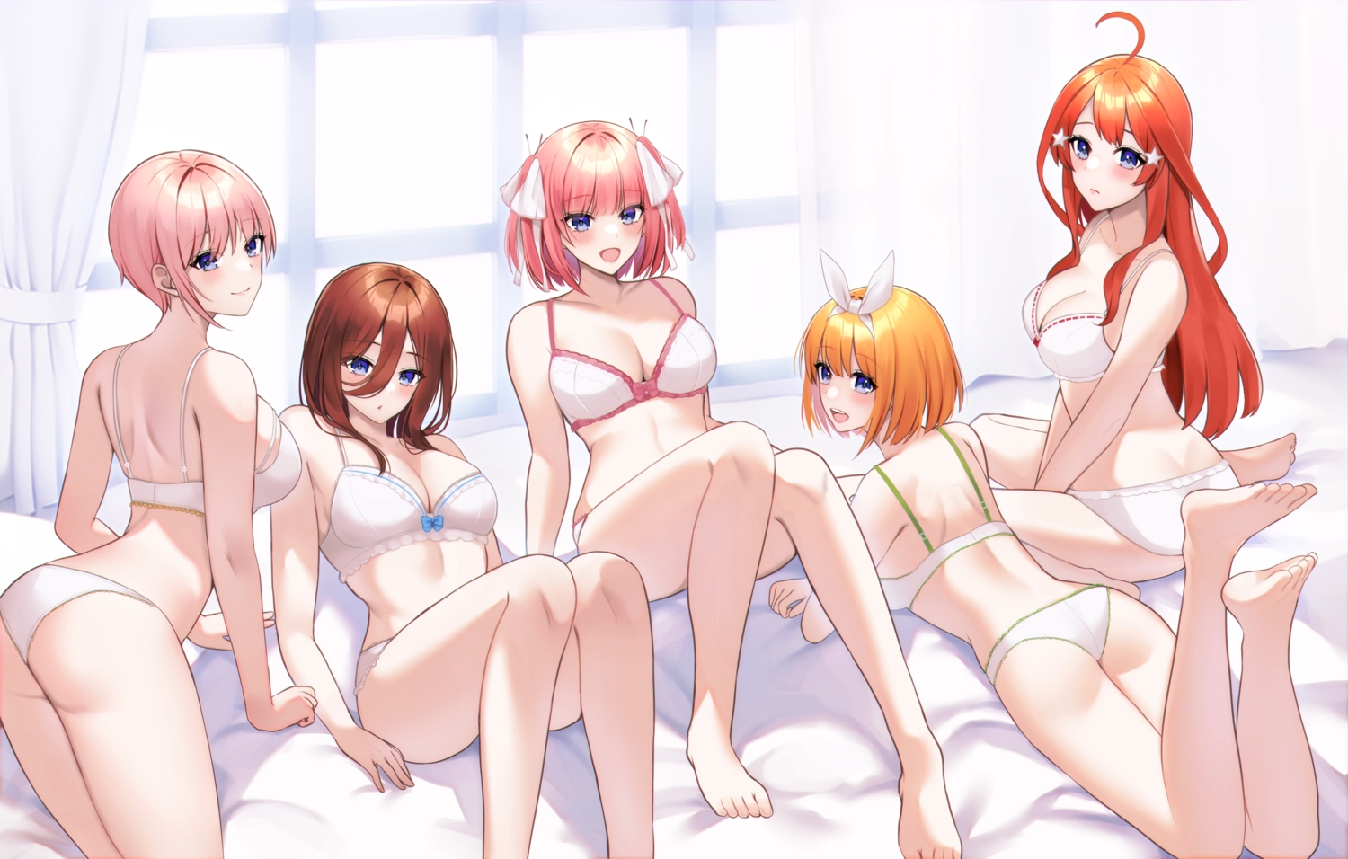 ass, barefoot, blonde_hair, blue_eyes, blush, bra, brown_hair, go-toubun_no_hanayome