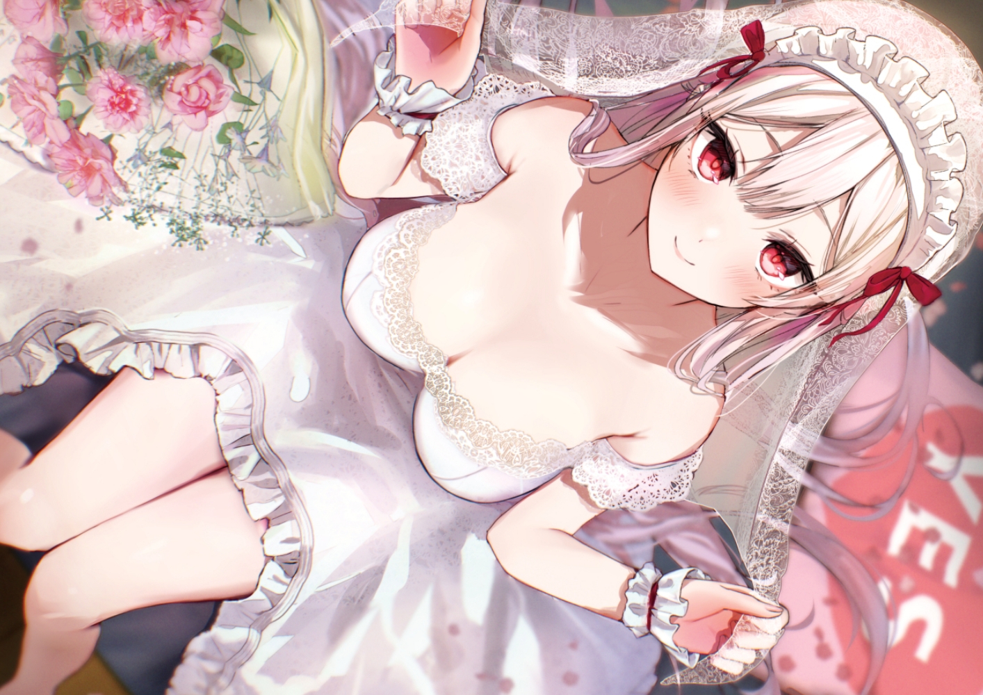 blush, breasts, cleavage, flowers, headdress, long_hair, original, red_eyes
