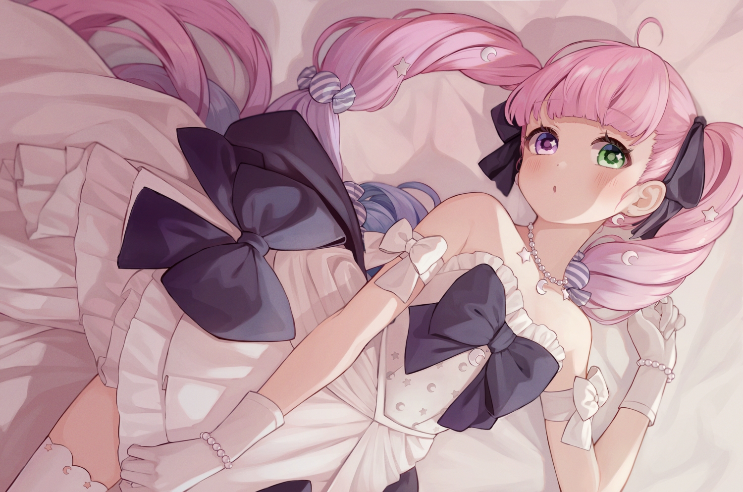 bicolored_eyes, blush, bow, close, dress, flat_chest, gloves, green_eyes, himemori_luna, hololive, long_hair, necklace, pink_hair, pinkusan, purple_eyes, thighhighs, twintails