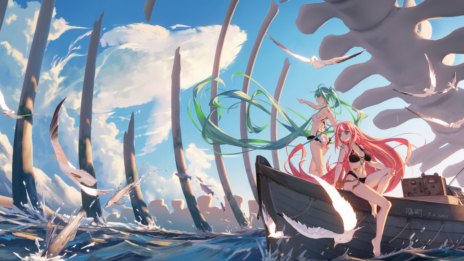 2girls, animal, ass, bikini, bird, blue_eyes, bones, clouds, geduan, green_hair, hatsune_miku, long_hair, megurine_luka, navel, pink_hair, signed, sky, swimsuit, twintails, vocaloid