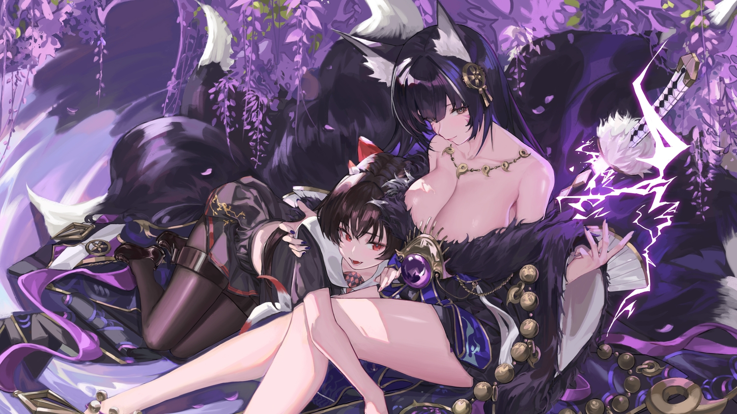 2girls, animal_ears, anthropomorphism, azur_lane, black_hair, brown_eyes, demon, flowers