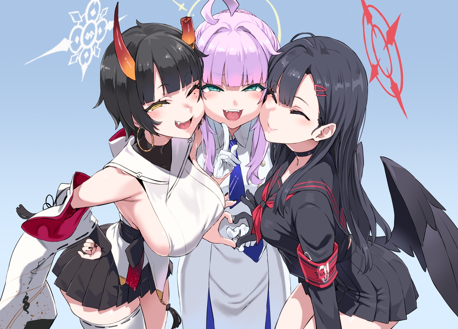 amachi_niya, asanagi, black_hair, blue, blue_archive, blush, braids, breasts, choker, fang, gloves, green_eyes, halo, horns, japanese_clothes, long_hair, nakamasa_ichika, no_bra, pink_hair, school_uniform, shiranui_kaya, short_hair, sideboob, skirt, thighhighs, wings, wink, yellow_eyes