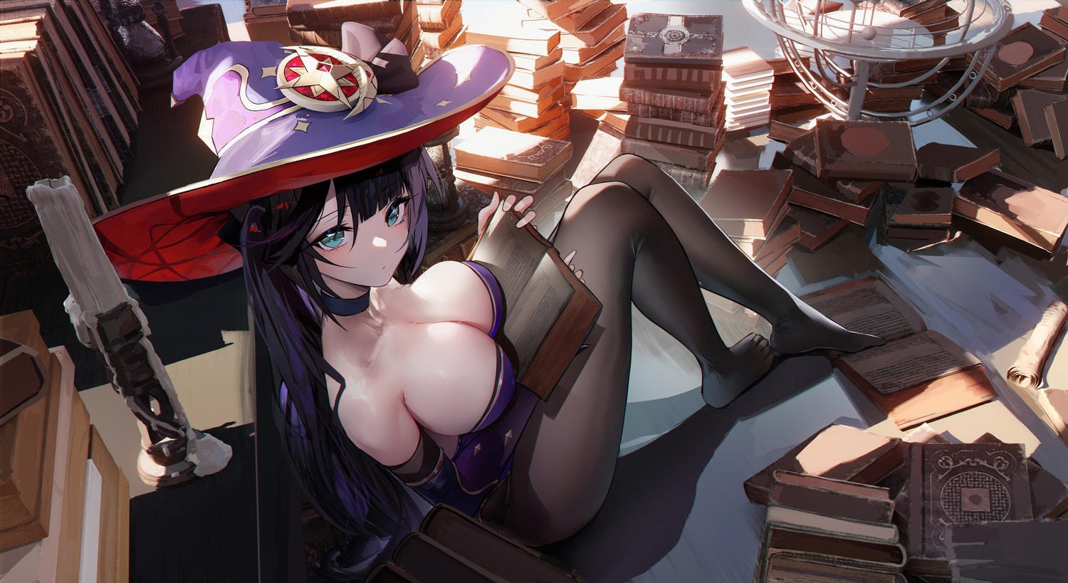 3d, aqua_eyes, book, breasts, choker, cleavage, genshin_impact, hat, long_hair, mona_megistus, omone_hokoma_agm, pantyhose, witch_hat