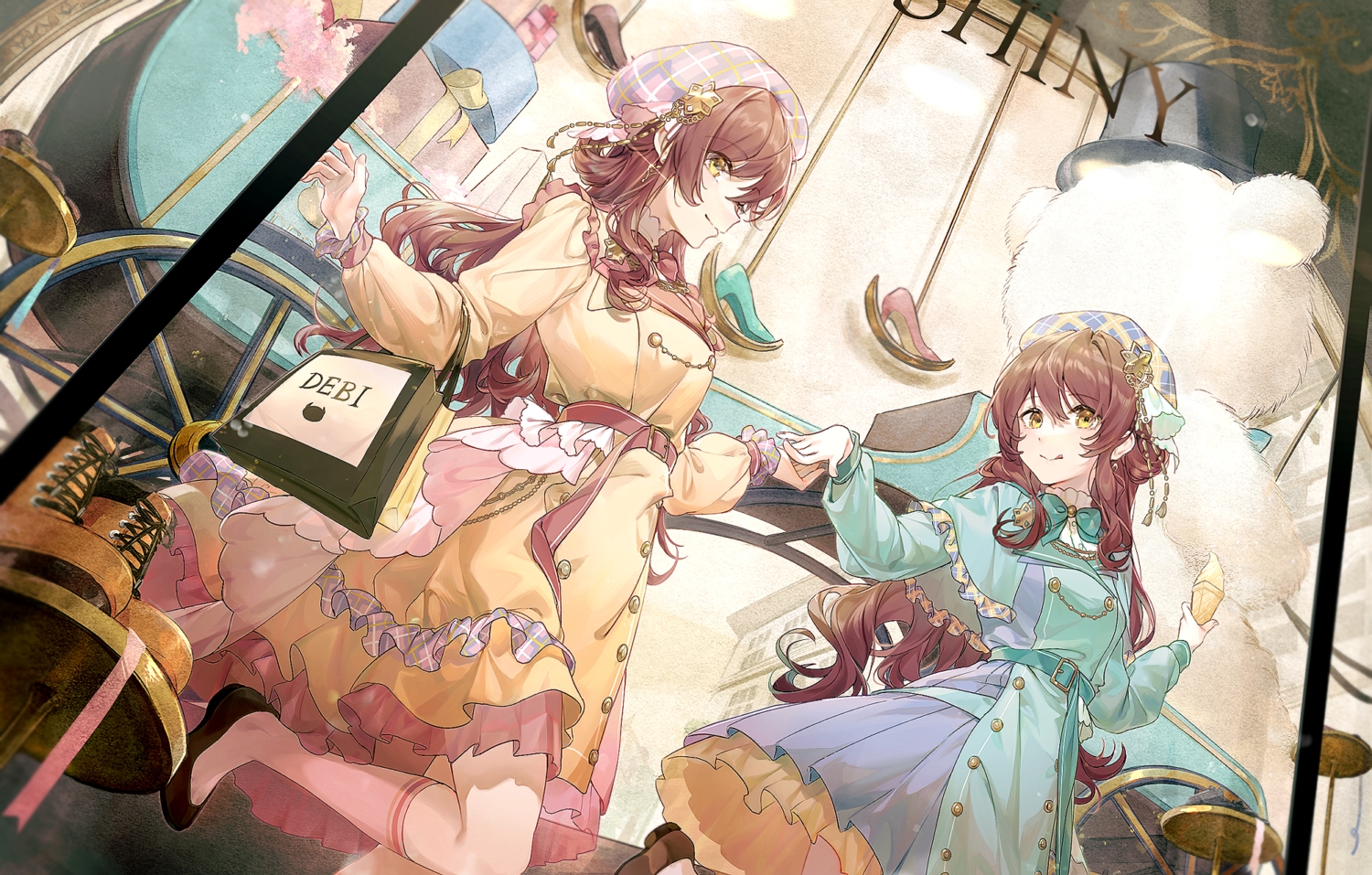 2girls, brown_hair, dress, hat, idolmaster, idolmaster_shiny_colors, long_hair, oosaki_amana