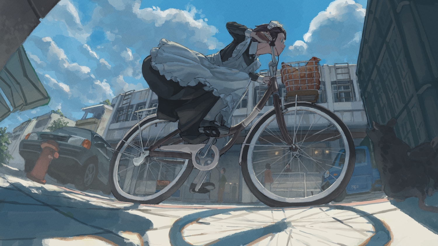bicycle, black_hair, building, car, clouds, headband, maid, original, others_(gogo-o), short_hair, sky