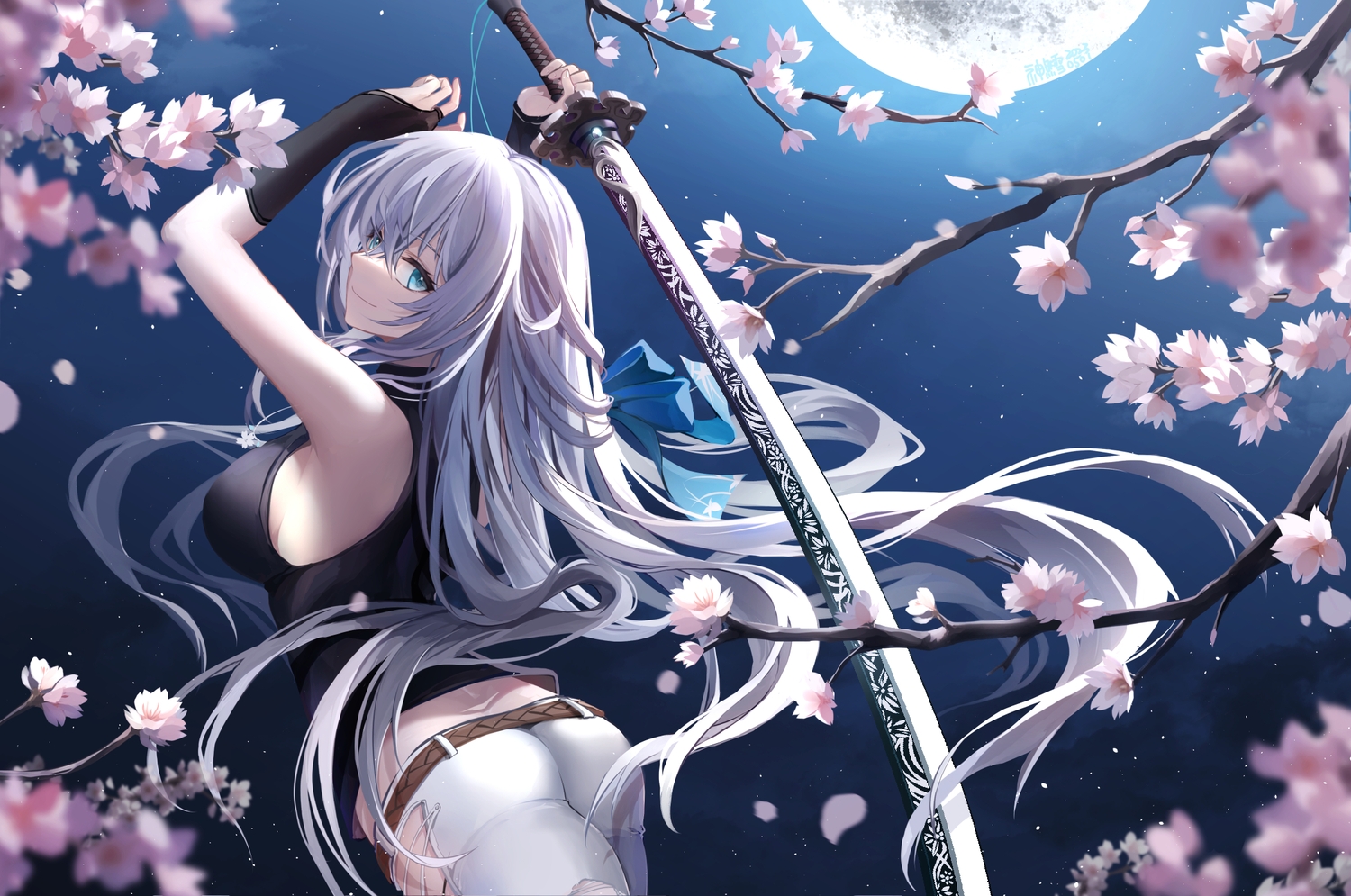 aqua_eyes, ass, cherry_blossoms, eiyuu_densetsu, elbow_gloves, flowers, gloves, gray_hair, kuro_no_kiseki, long_hair, moon, night, shizuna_rem_misurugi, sword, weapon, willfin