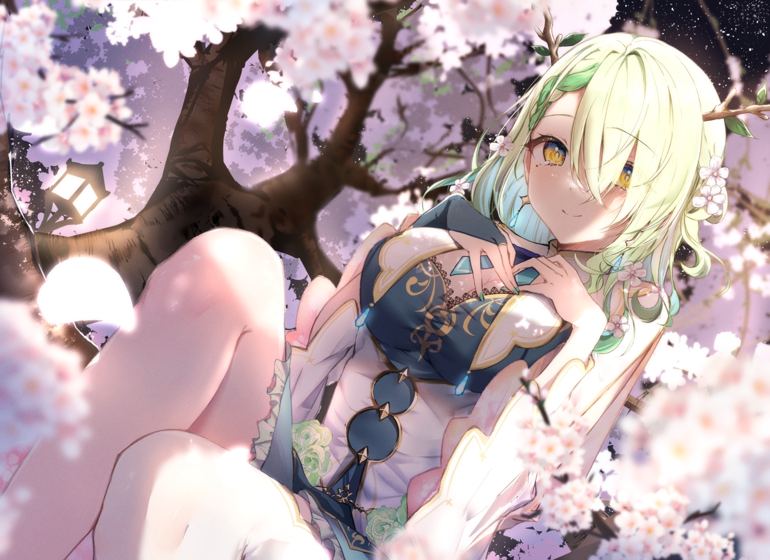 azure_(sor_azr), braids, breast_hold, breasts, ceres_fauna, cleavage, dress, flowers, green_hair, hololive, horns, long_hair, night, sky, stars, tree, yellow_eyes