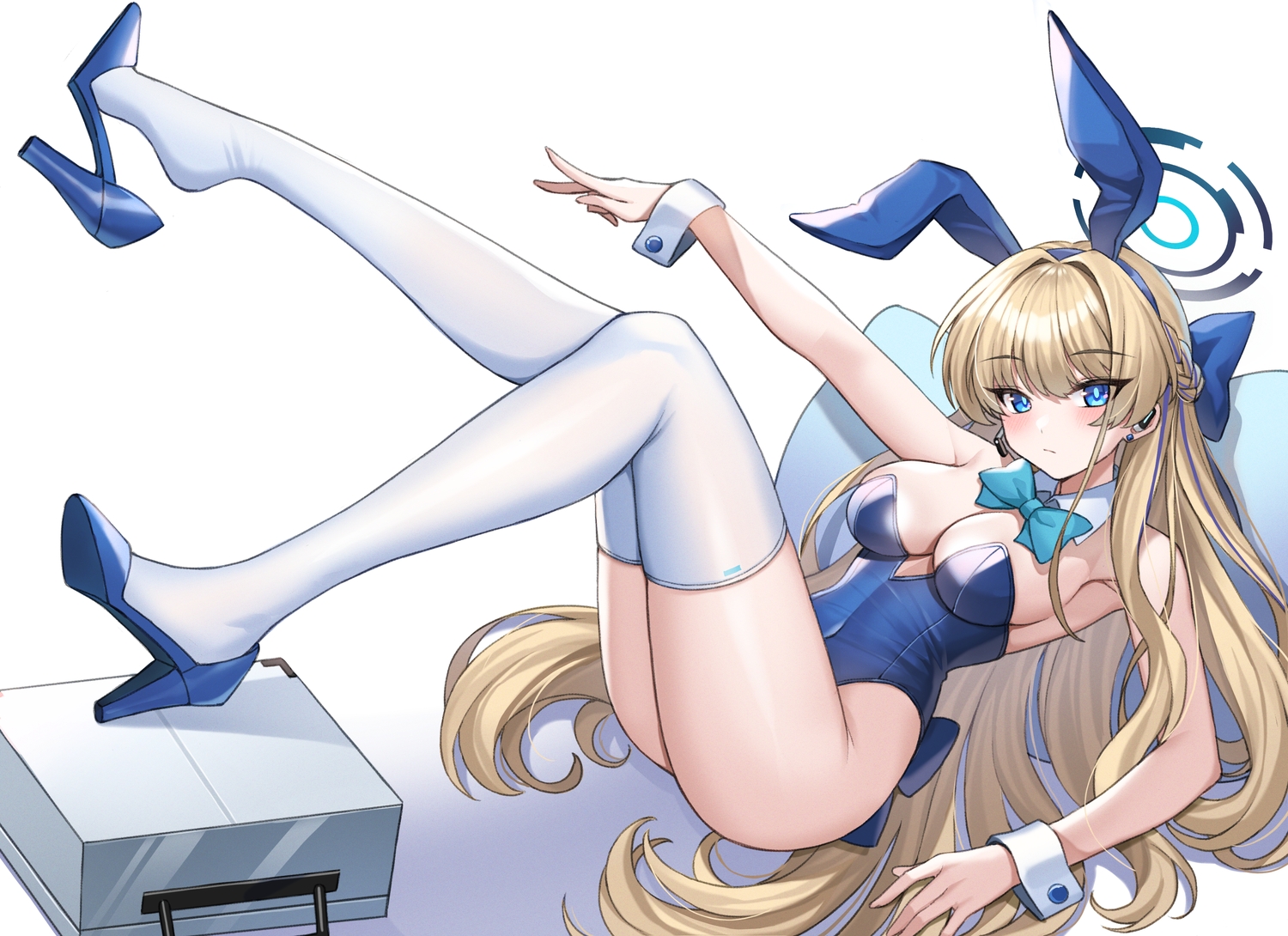animal_ears, asuma_toki, blonde_hair, blue_archive, blue_eyes, bow, braids, bunny_ears, bunnygirl, halo, headband, headphones, leotard, long_hair, microphone, nanni_jjang, thighhighs