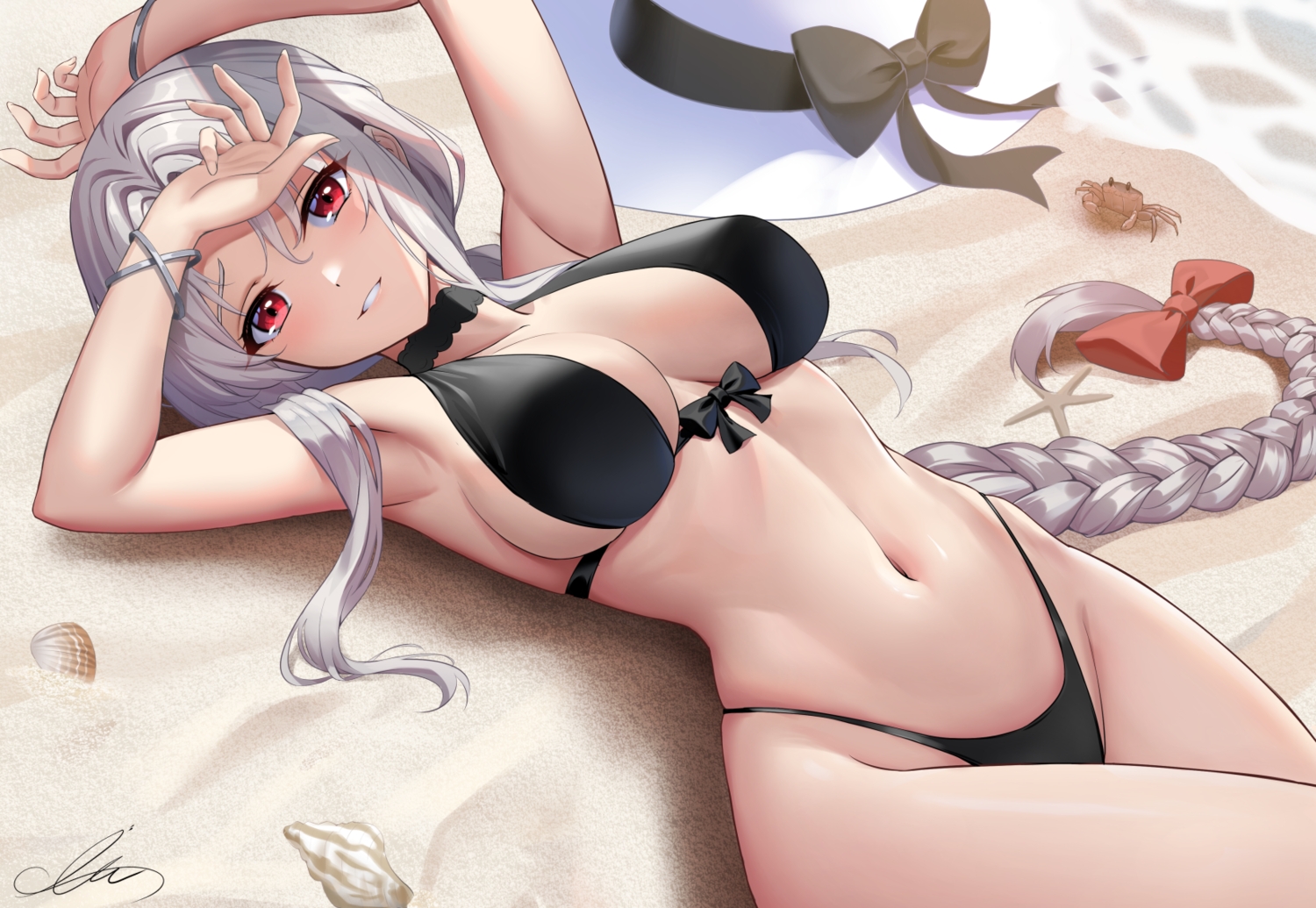 animal, beach, bikini, braids, choker, crab, gray_hair, hat