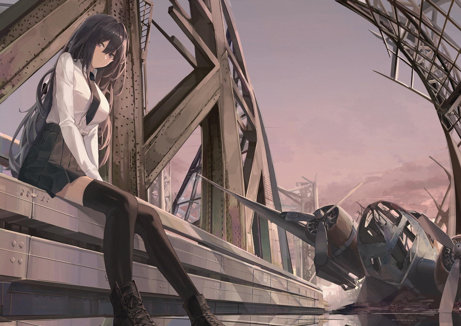 aircraft, boots, industrial, original, pray_(furei), ruins, school_uniform, shirt, thighhighs, zettai_ryouiki