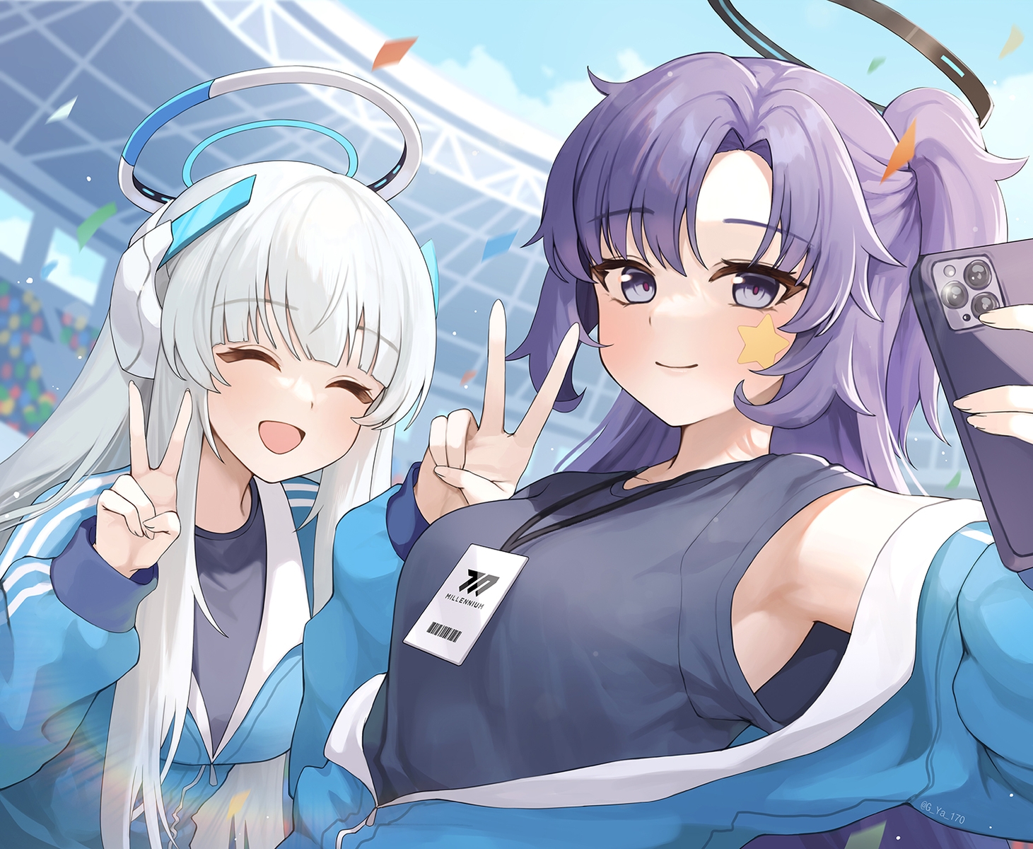 2girls, blue_archive, camera, close, clouds, gray_hair, gya_(144), halo