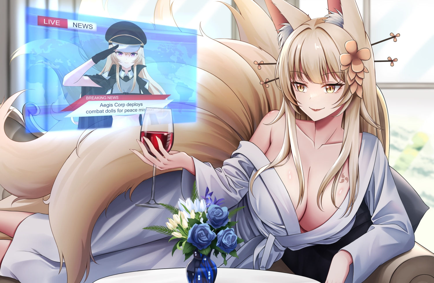 animal_ears, blonde_hair, breasts, cleavage, drink, foxgirl, long_hair, multiple_tails, no_bra, original, sei_joshikou, tail, tattoo