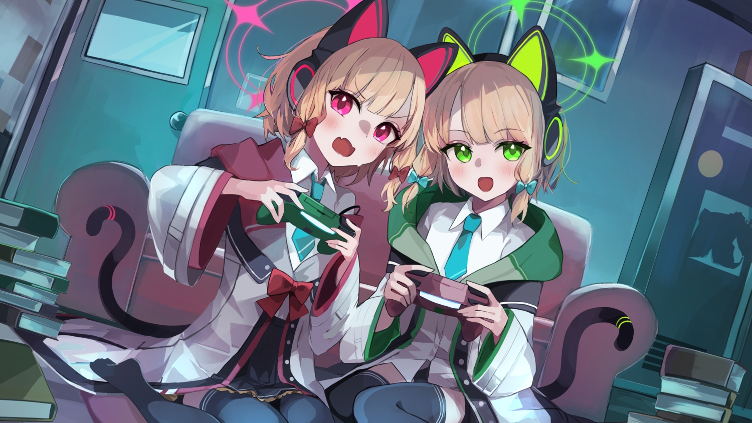 2girls, animal_ears, blonde_hair, blue_archive, book, bow, catgirl, game_console, green_eyes, halo, headphones, iwahada, red_eyes, saiba_midori, saiba_momoi, short_hair, tail, thighhighs, tie, twins