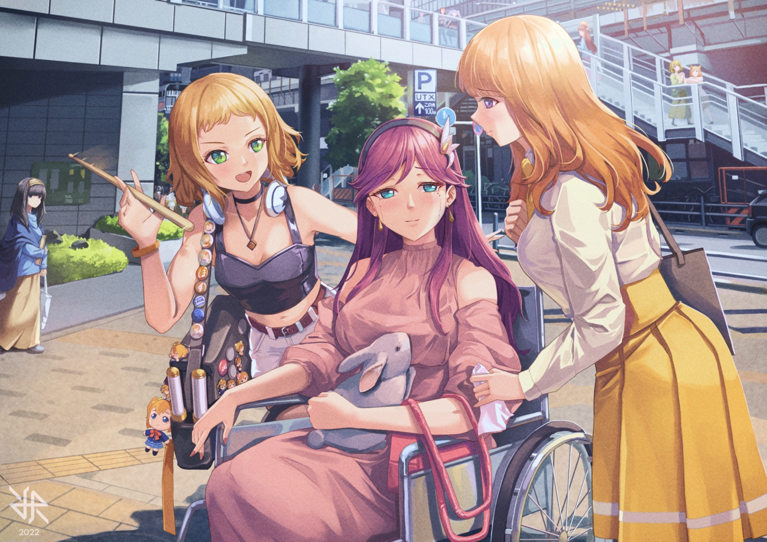 aqua_eyes, bang_dream!, brown_hair, bunny, choker, crossover, crying, green_eyes