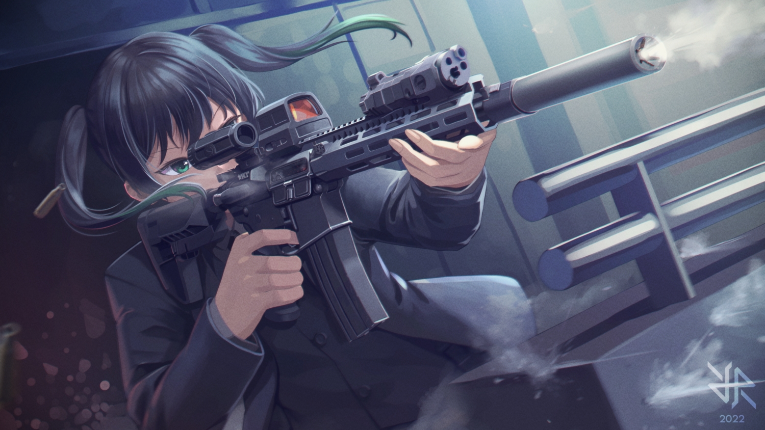black_hair, green_eyes, gun, hiroki_ree, love_live!_nijigasaki_high_school_idol_club, love_live!_school_idol_project, suit, takasaki_yuu, twintails, watermark, weapon