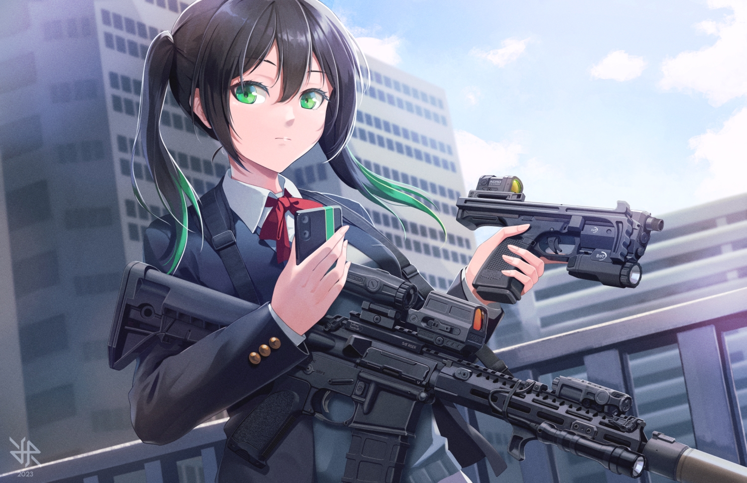 black_hair, green_eyes, gun, hiroki_ree, love_live!_nijigasaki_high_school_idol_club, love_live!_school_idol_project, phone, school_uniform