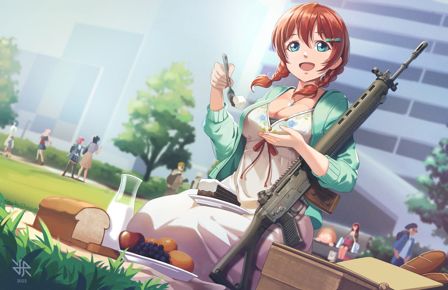 apple, breasts, cake, cleavage, emma_verde, food, fruit, grass