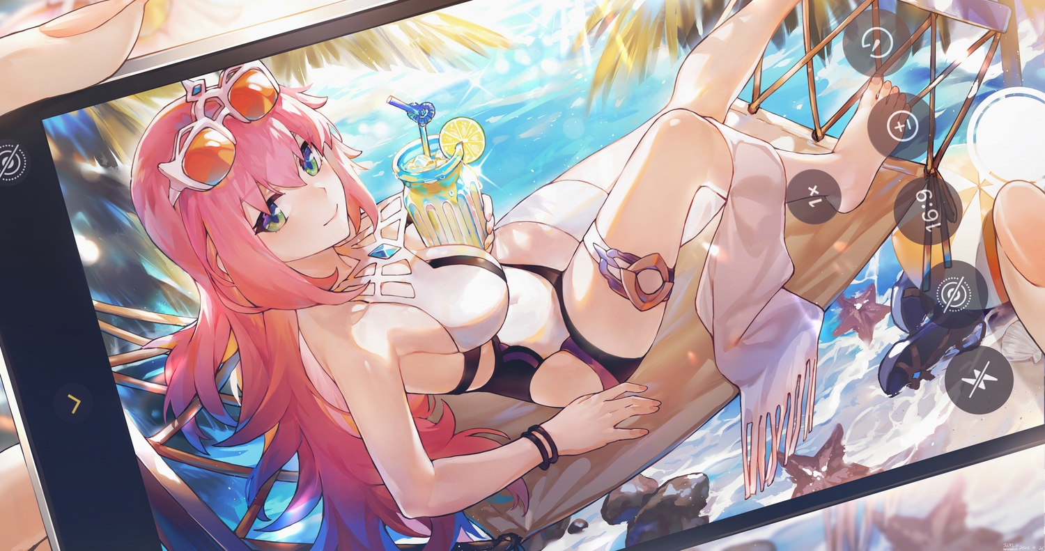 barefoot, camera, drink, garter, green_eyes, long_hair, phone, pink_hair