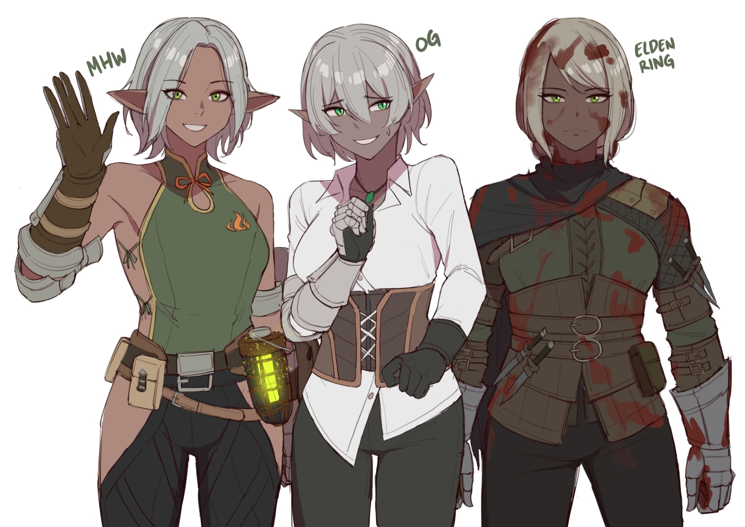armor, blood, cape, corset, cosplay, dark_skin, elbow_gloves, elden_ring, gloves, gray_hair, green_eyes, knife, mawaridi, monster_hunter, monster_hunter:_world, original, pointed_ears, shirt, short_hair, sketch, weapon, white, yvonne_(mawaridi)