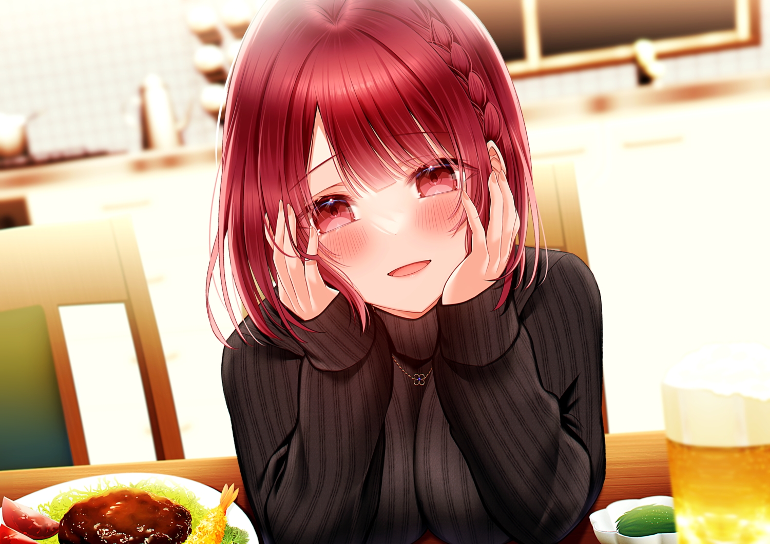 blush, braids, drink, food, kuro_namako, necklace, original, red_eyes