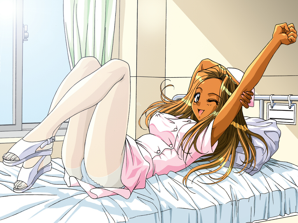 brown_eyes, brown_hair, kitayama_karin, nurse, panties, pantyhose, private_garden, underwear, wink