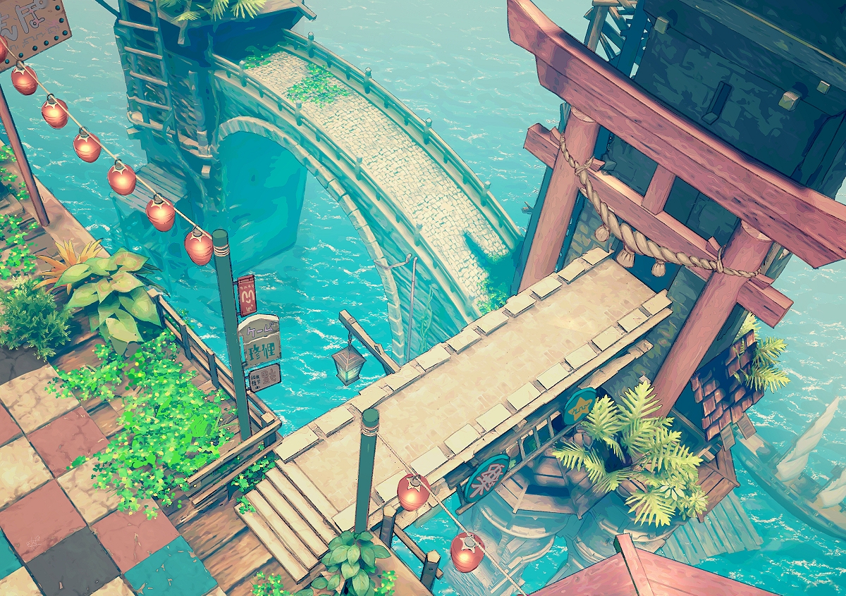 boat, building, no_humans, original, scenic, torii, water, yoruhachi