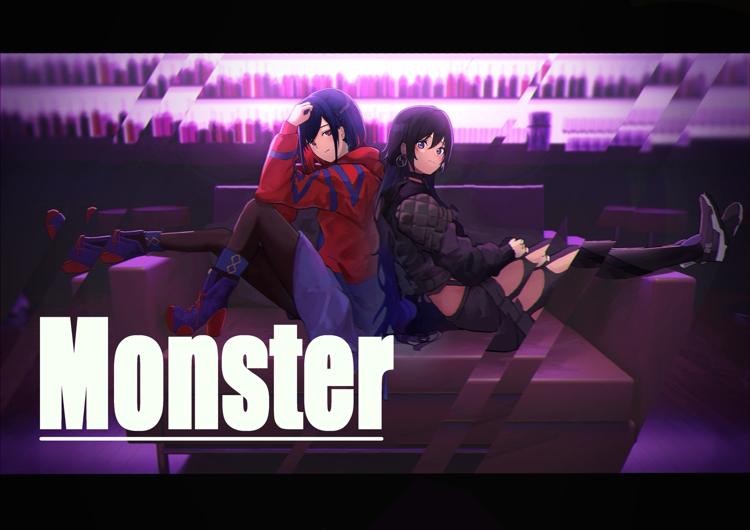 2girls, black_hair, blue_eyes, blue_hair, hanabusaraleigh, kamitsubaki_studio, koko_(kamitsubaki_studio), rim_(kamitsubaki_studio)
