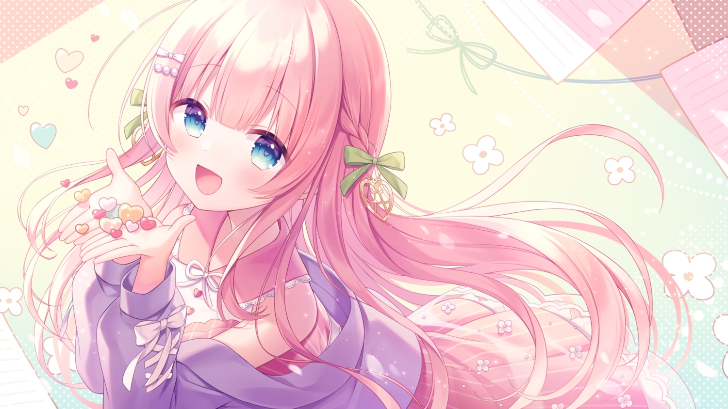 amane_kurumi, amane_momo, aqua_eyes, blush, bow, braids, dress, heart, long_hair, pink_hair, ribbons