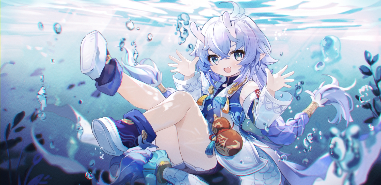 aqua_eyes, bailu_(honkai:_star_rail), blue_hair, boots, braids, bubbles, coria, fang
