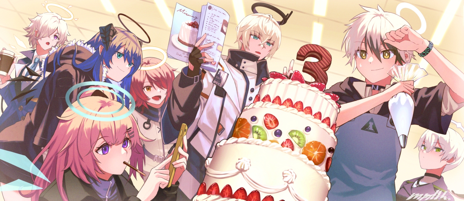 adnachiel_(arknights), ambriel_(arknights), apron, arene_(arknights), arknights, blonde_hair, blue_hair, book