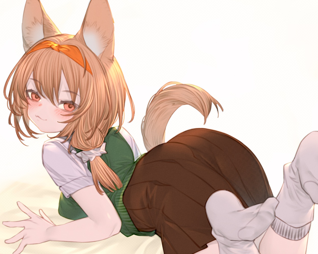 animal_ears, arknights, beanstalk_(arknights), blush, brown_hair, cat_smile, headband, kochiya_(gothope)