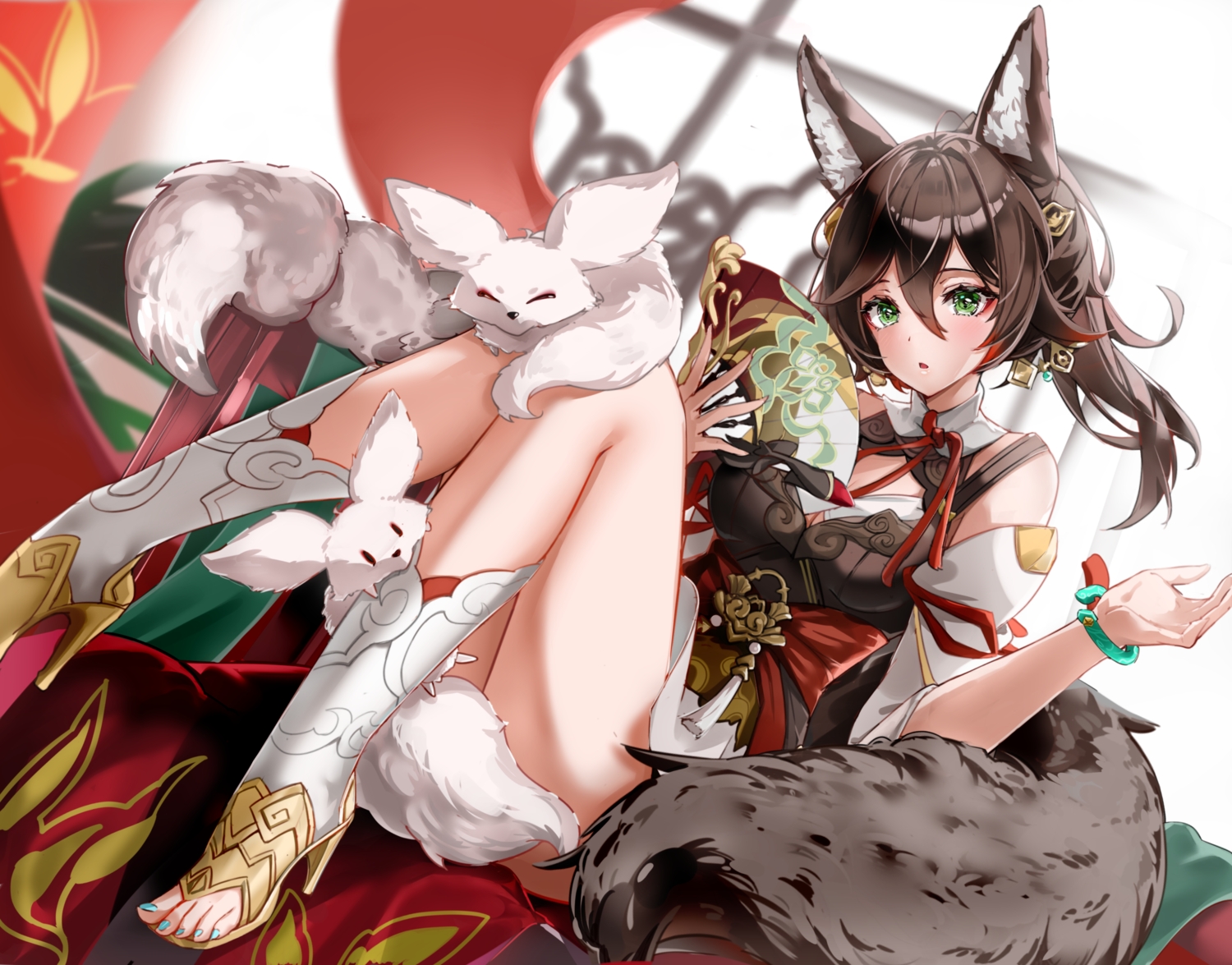 animal, animal_ears, brown_hair, fan, foxgirl, green_eyes, honkai_(series), honkai:_star_rail