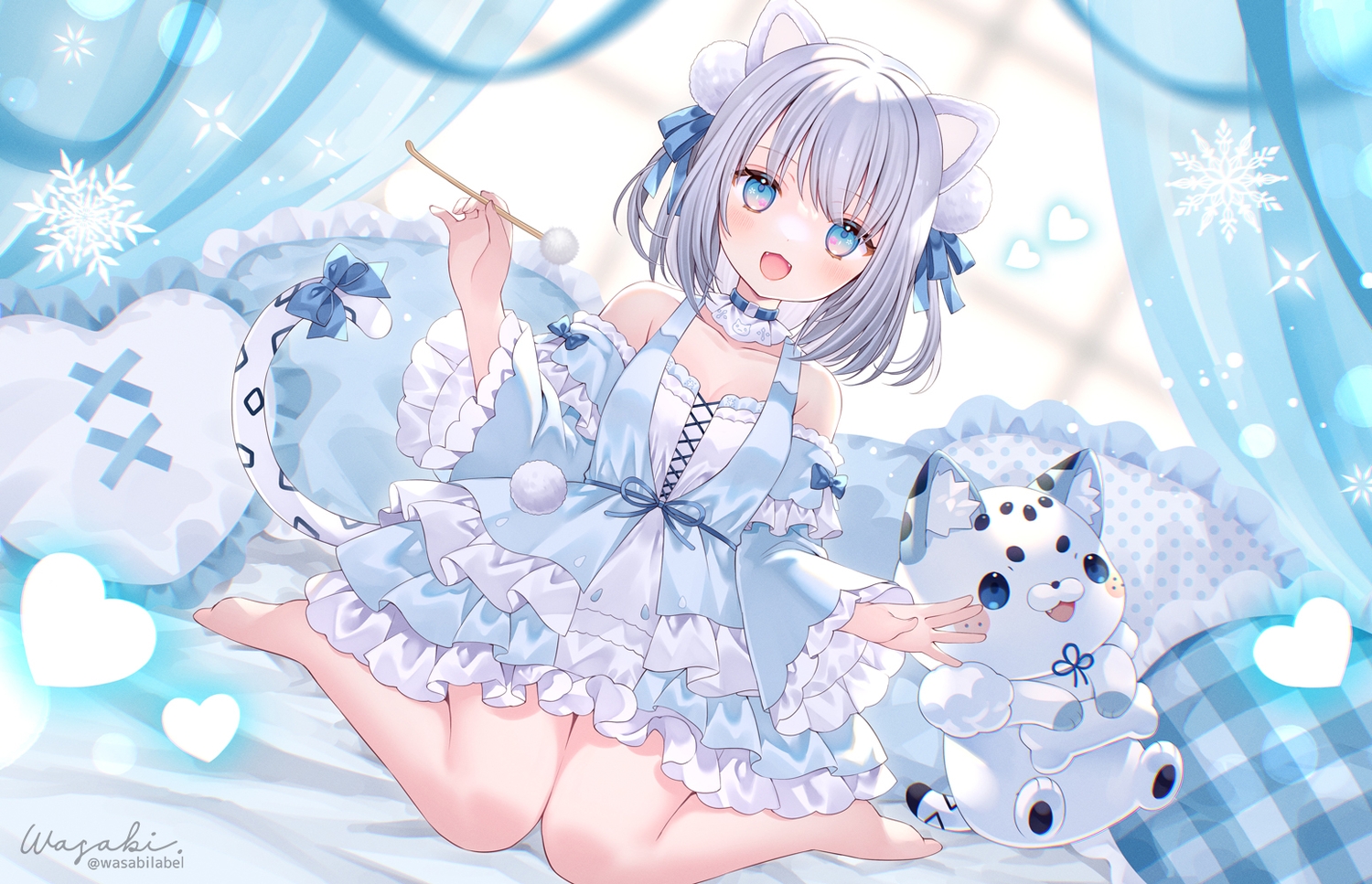 animal_ears, barefoot, bed, blush, catgirl, cat_smile, choker, dress, fang, gray_hair, heart, kohaku_nene, la_peche_party, lolita_fashion, signed, tail, wasabi_(sekai), watermark
