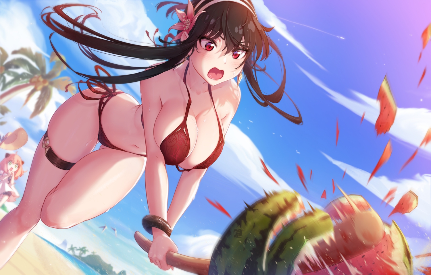 2girls, anya_(spy_x_family), beach, black_hair, clouds, food, fruit, garter, headband, mitsu_(mitsu_art), navel, red_eyes, sky, spy_x_family, tree, water, watermark, watermelon, yor_briar
