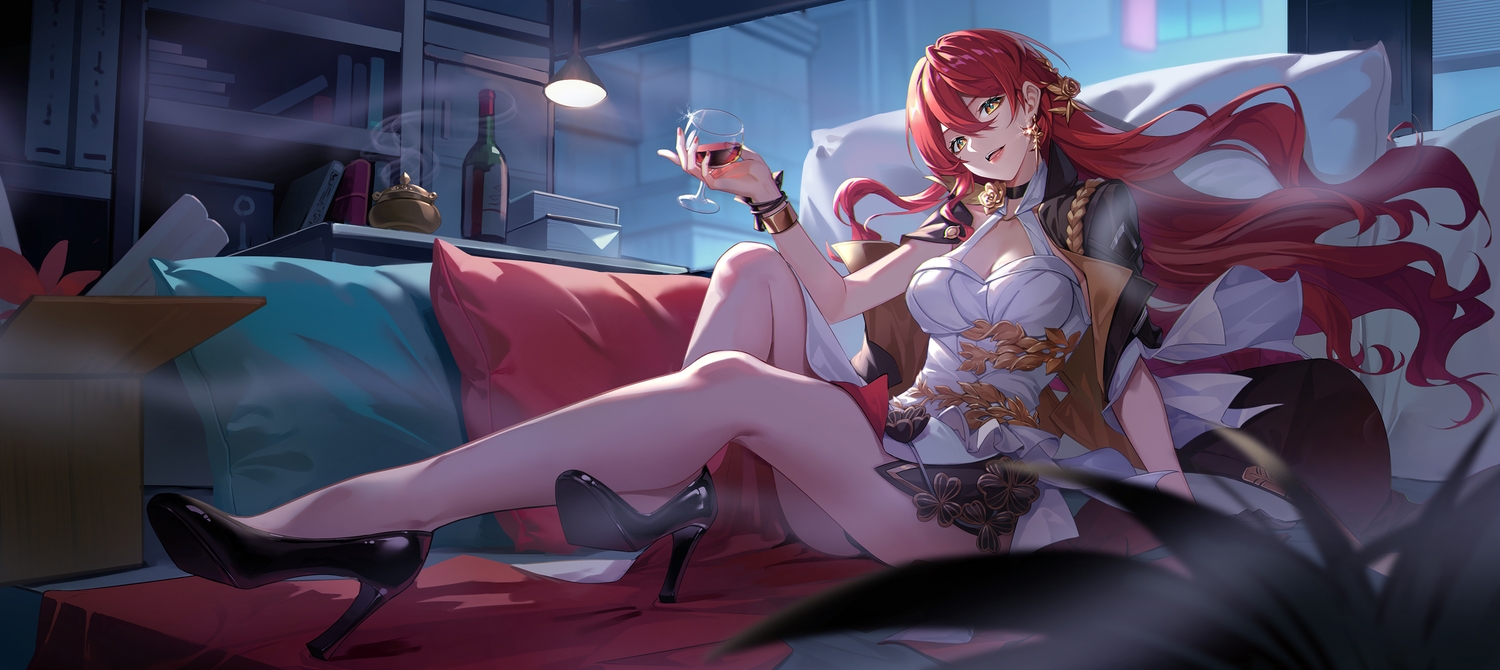 bed, dress, drink, himeko_(honkai:_star_rail), honkai_(series), honkai:_star_rail, long_hair, red_hair, yellow_eyes, yin_lan_xue