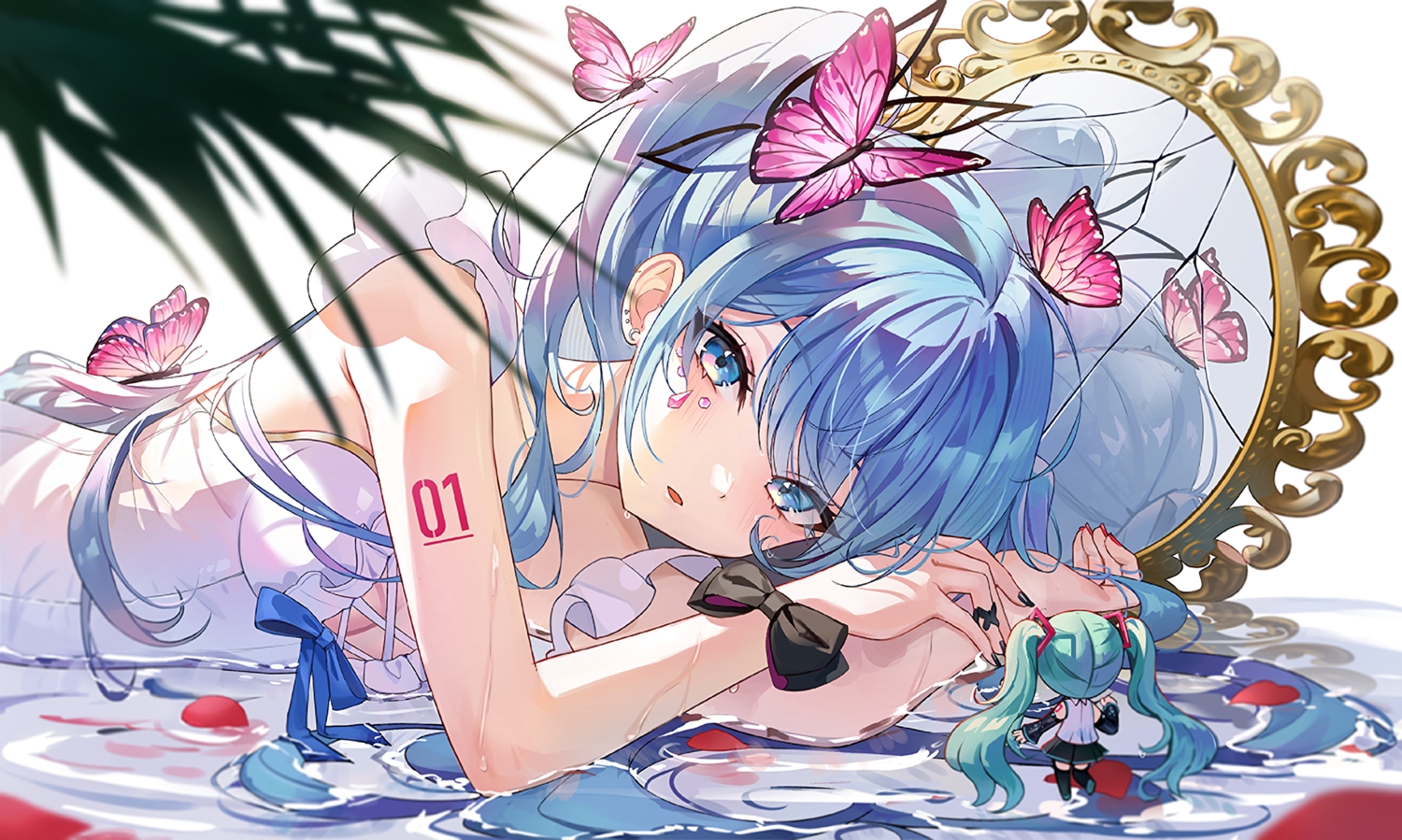 aqua_hair, blue_eyes, blue_hair, blush, bow, breasts, butterfly, chibi, cleavage, close, dress, hatsune_miku, long_hair, mirror, mrr_05, petals, reflection, ribbons, twintails, vocaloid, waifu2x, water, wristwear