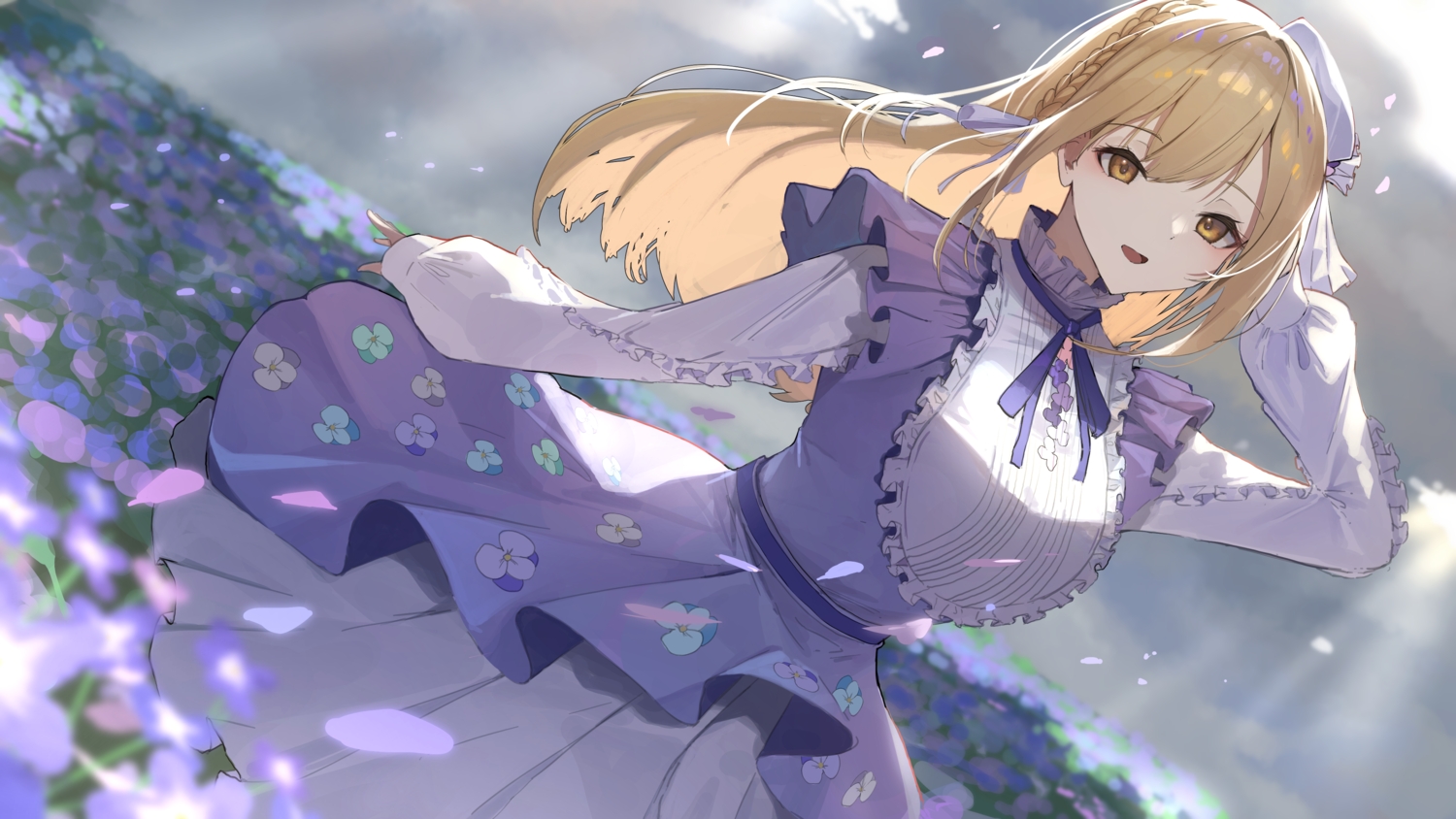 aliasing, blonde_hair, bow, braids, brown_eyes, dress, flowers, hat, long_hair, nijisanji, petals, ribbons, shiro_marimo, shirt, sister_cleaire
