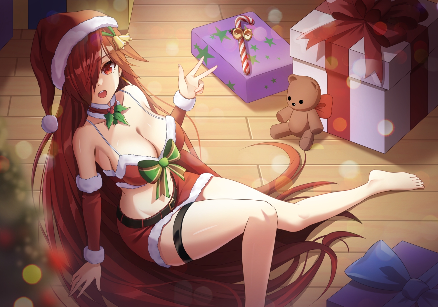 barefoot, bell, bow, breasts, choker, christmas, cleavage, elesis_(elsword)