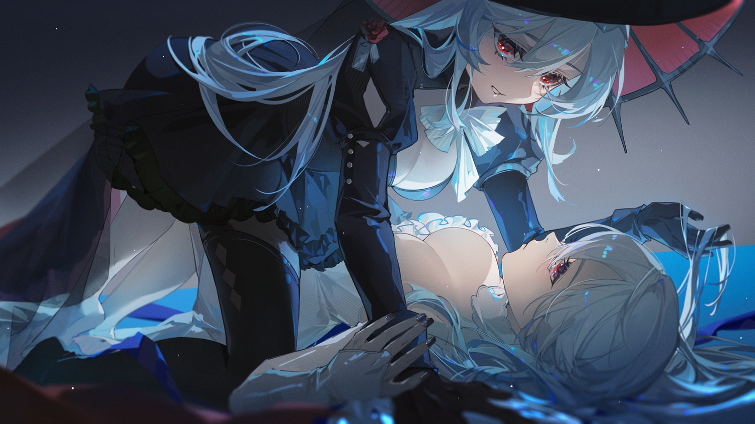 2girls, arknights, breasts, cleavage, dress, elbow_gloves, gloves, hat