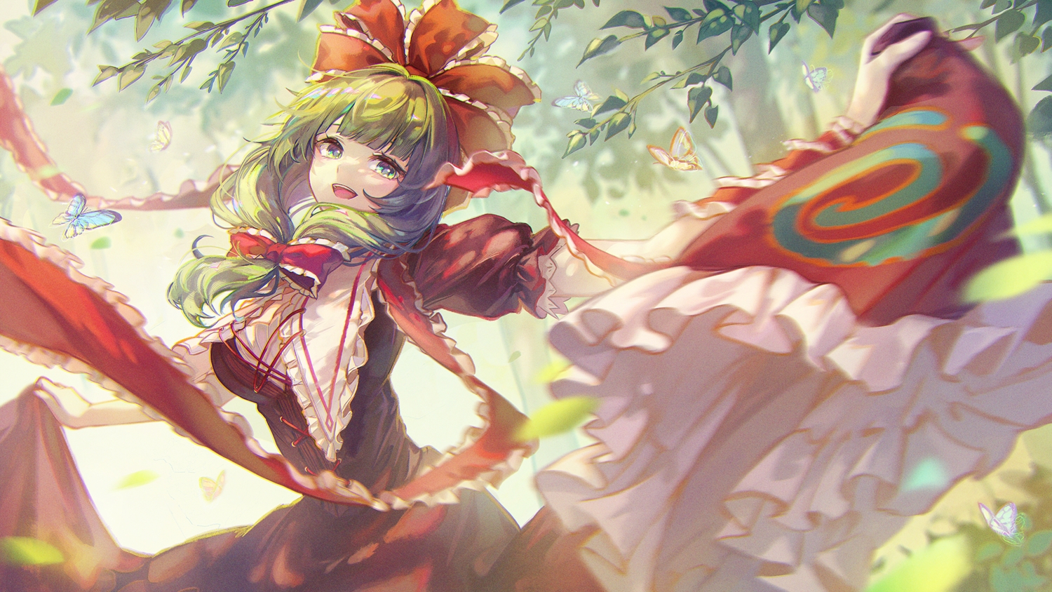 bow, butterfly, dress, green_eyes, green_hair, kagiyama_hina, kyusoukyu, long_hair