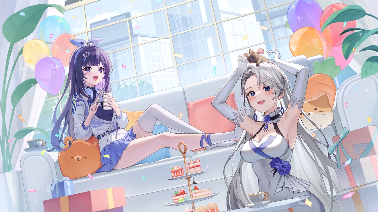 2girls, animal, blue_eyes, blush, building, cake, cat, city