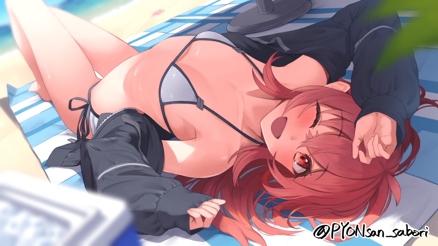 beach, bikini, blush, flat_chest, idolmaster, idolmaster_shiny_colors, komiya_kaho, long_hair