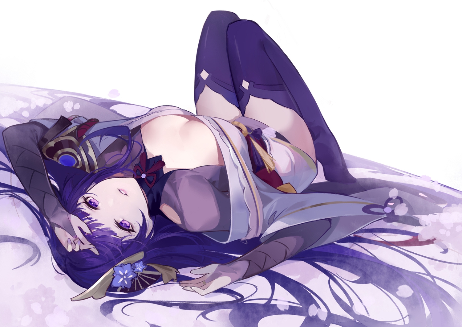 breasts, cleavage, genshin_impact, japanese_clothes, long_hair, no_bra, petals, purple_eyes