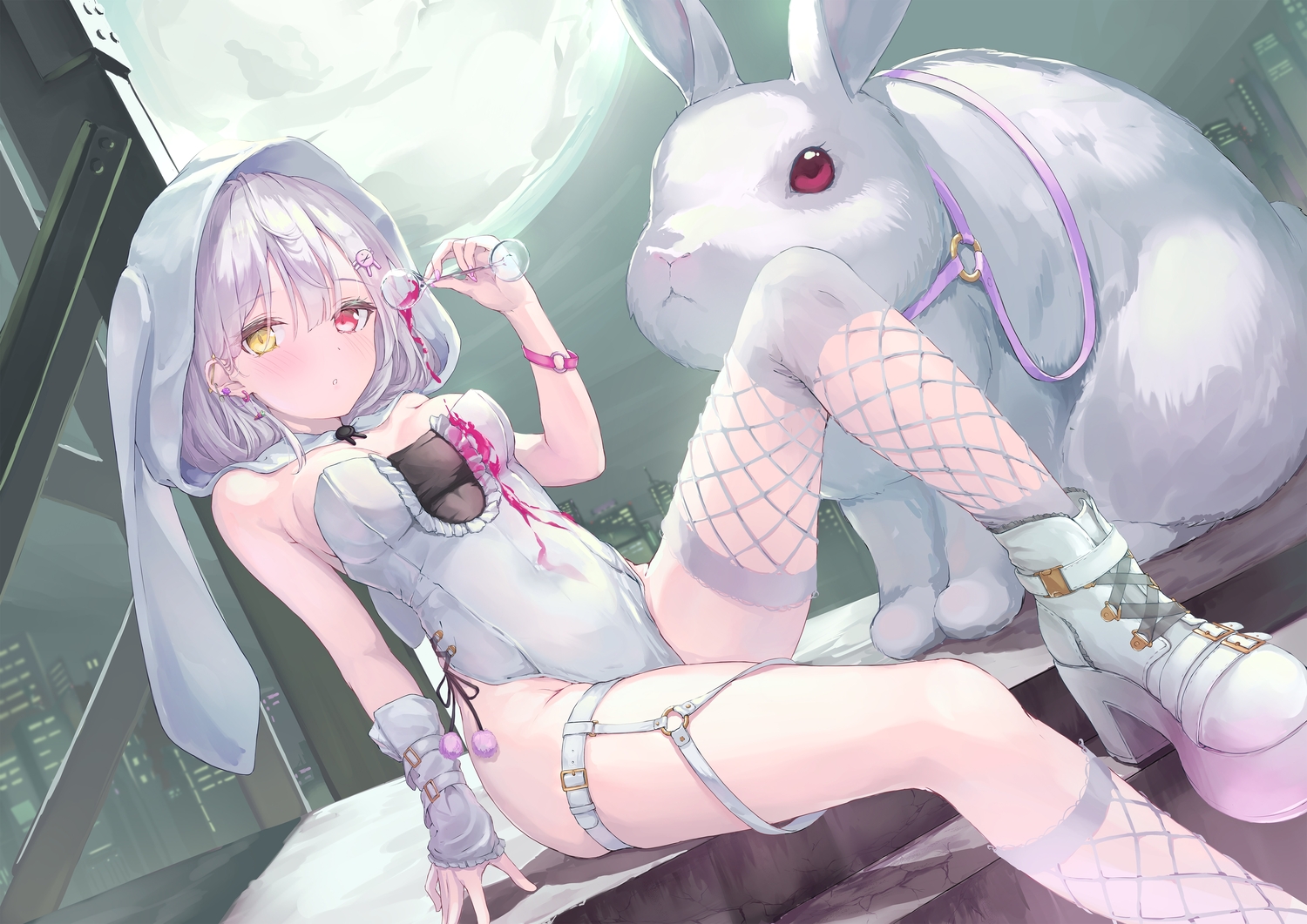 animal, animal_ears, bicolored_eyes, boots, building, bunny_ears, bunnygirl, city, drink, garter, hood, leotard, moon, night, original, parufeito, rabbit, stockings, wristwear