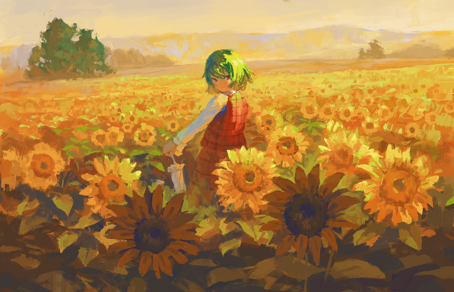 fjsmu, flowers, green_hair, kazami_yuuka, red_eyes, scenic, short_hair, sunflower