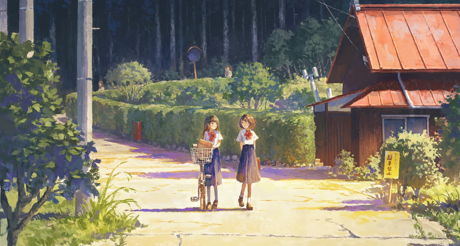 bicycle, brown_hair, building, fjsmu, forest, long_hair, original, scenic