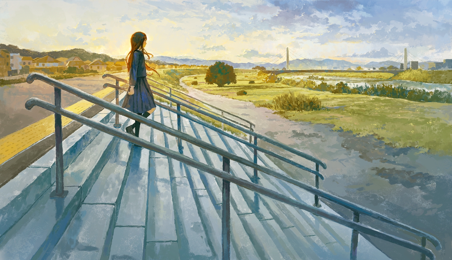 clouds, fjsmu, kneehighs, long_hair, original, scenic, school_uniform, stairs