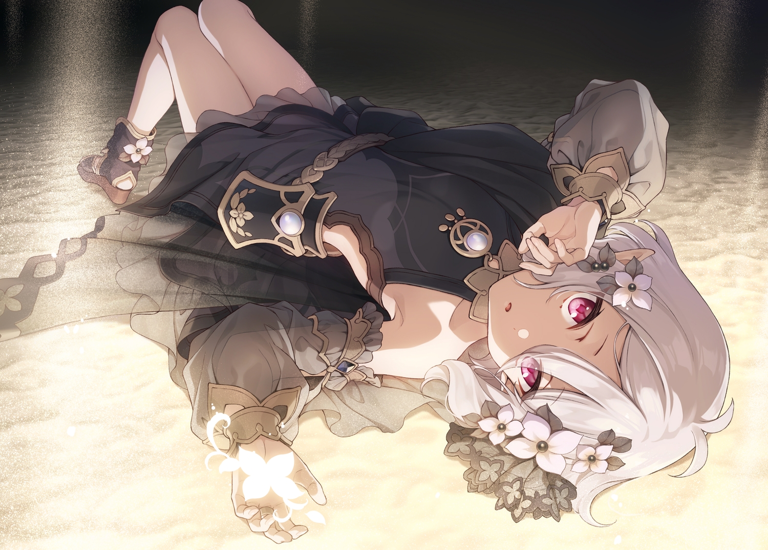 dress, gray_hair, masami_(souzou_jinsei_sanka), natsume_kokoro, pink_eyes, pointed_ears, princess_connect!, see_through, short_hair
